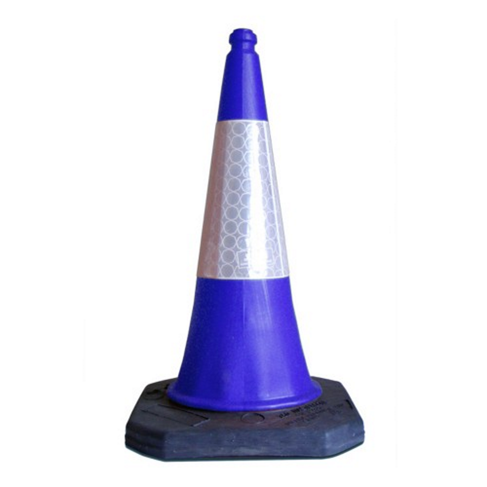 Blue and white road traffic cone